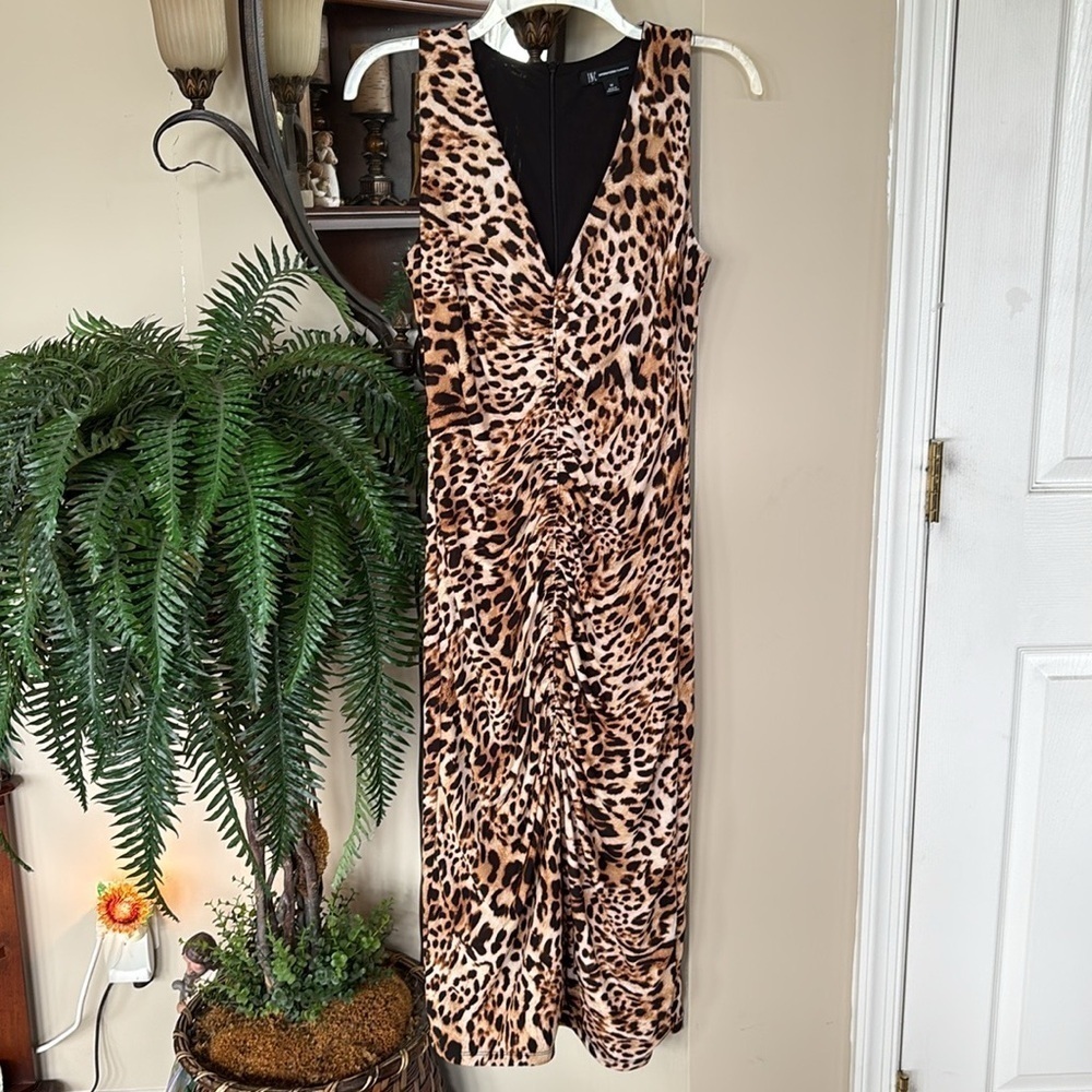 INC International Concepts Animal Leopard Print V-Neck Midi Dress w/ Ruching